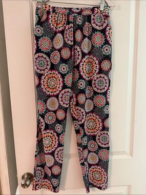 Printed Wide-Leg Pants in Navy with Multicolor Medallion Pattern